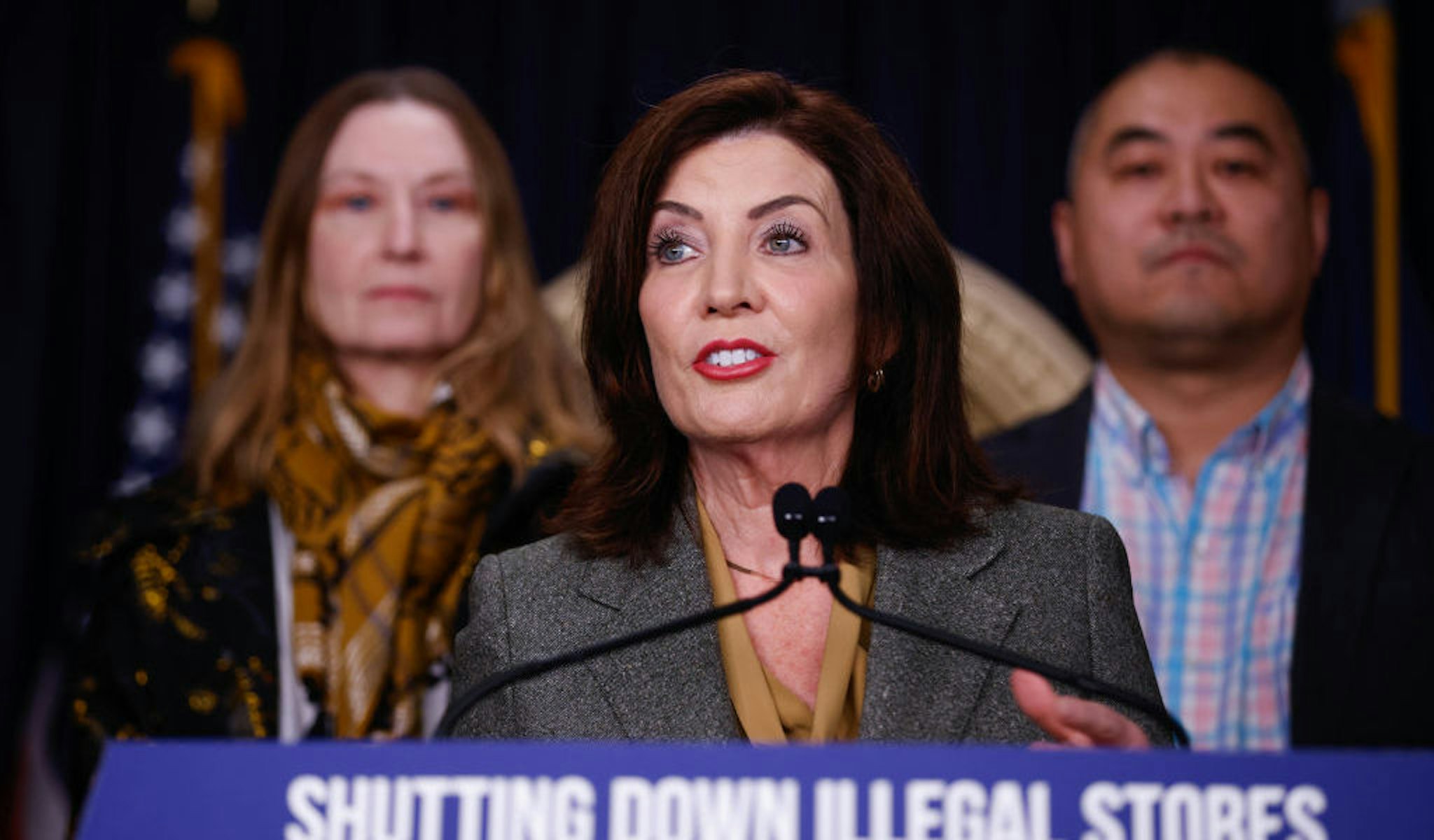 New York State Governor Kathy Hochul speaks during a press briefing about complaints from the licensed cannabis industry on February 28, 2024 in New York City. (Photo by Kena Betancur/VIEWpress via Getty Images)
