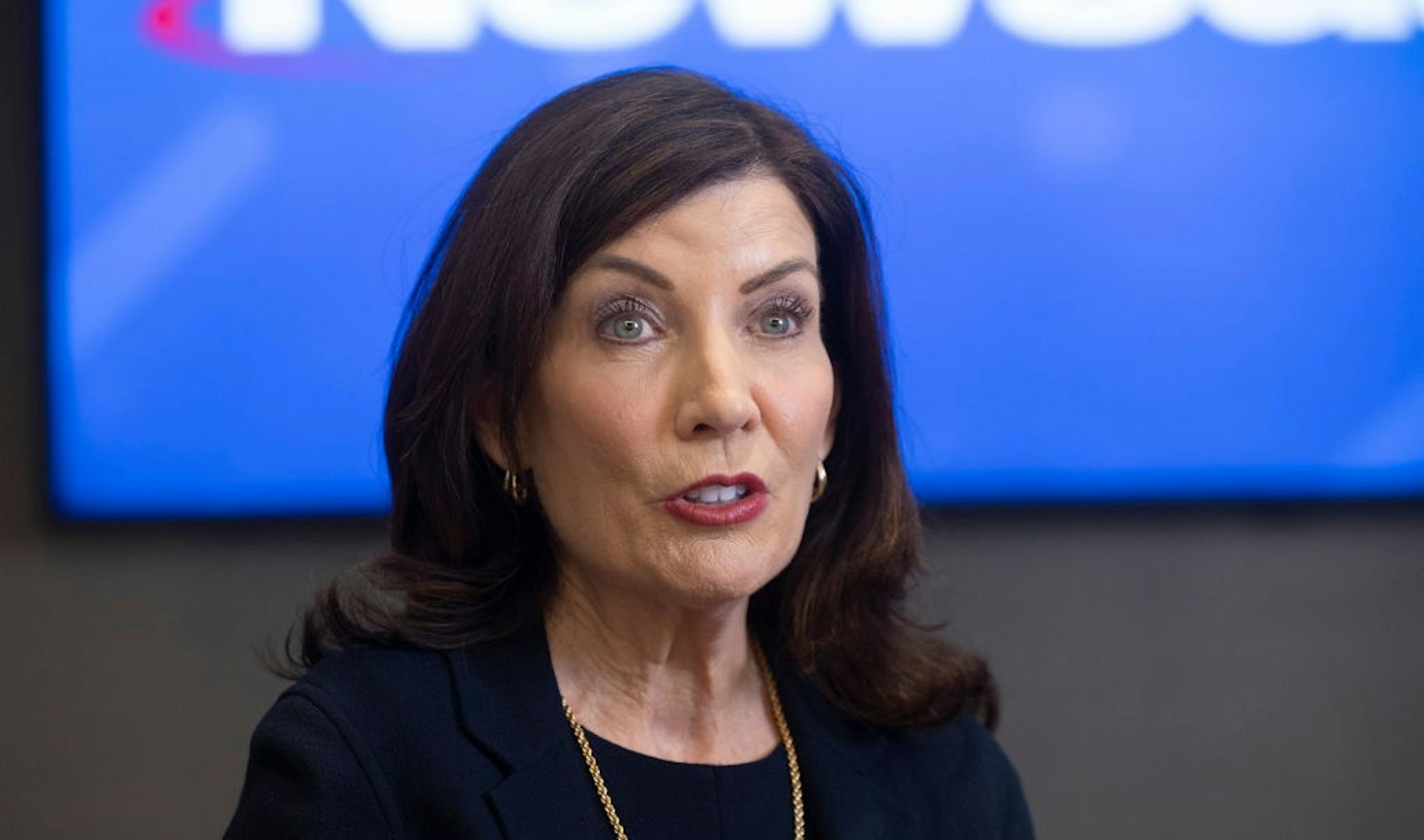 New York State Governor Kathy Hochul answers questions at Newsday, the Long Island newspaper, in Melville, New York, on January 22, 2024. (Photo by Howard Schnapp/Newsday RM via Getty Images