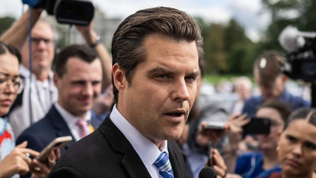 US Representative Matt Gaetz, Republican of Florida, speaks to the press outside the US Capitol as the House votes on a continuing resolution in the House in Washington, DC on September 30, 2023. (Photo by ANDREW CABALLERO-REYNOLDS / AFP via Getty Images)