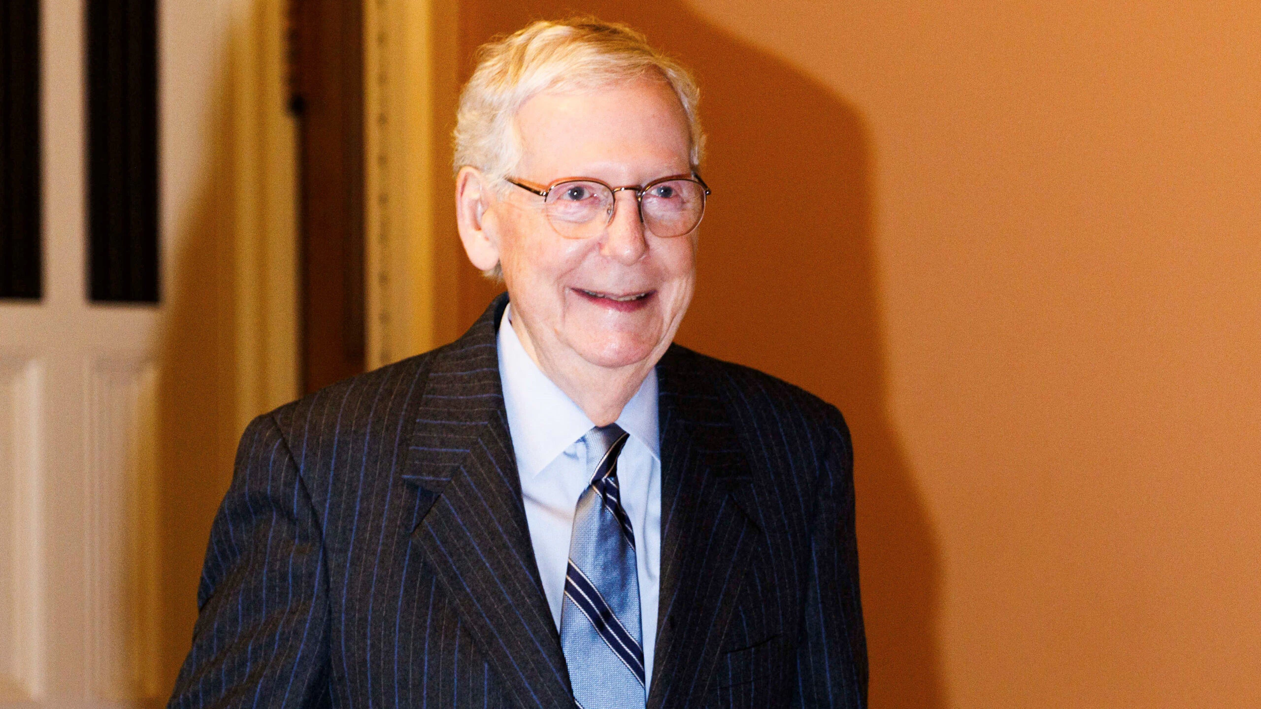 Senate Minority Leader Mitch McConnell is pictured outside the Senate Chamber of the Capitol building in Washington D. C., the United States, Feb. 28, 2024. Mitch McConnell, the longest-serving leader in the U.S. Senate history, announced Wednesday that he will step down from the position at the end of the year. McConnell, 82, has served as GOP leader since 2007.