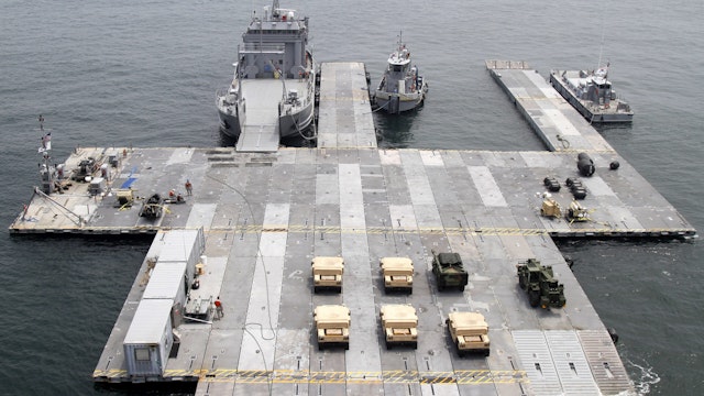 A Roll-on Roll-off Discharge Facility is attached to the USNS 2nd Lt. John P. Bobo (T-AK 3008) during the Combined Joint Logistics Over-the-Shore exercise off the shore of Anmyeon Beach, Republic of Korea, July 1, 2015. CJLOTS 2015 is an exercise designed to train U.S. and ROK services members to accomplish vital logistical measures in a strategic area while strengthening communication and cooperation in the U.S.-ROK Alliance.