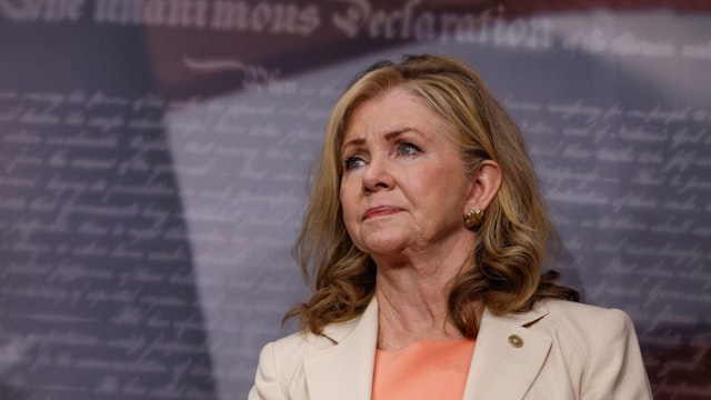 WASHINGTON, DC - JULY 19: Sen. Marsha Blackburn (R-TN) listens at a news conference on the Supreme Court at the U.S. Capitol Building on July 19, 2023 in Washington, DC.