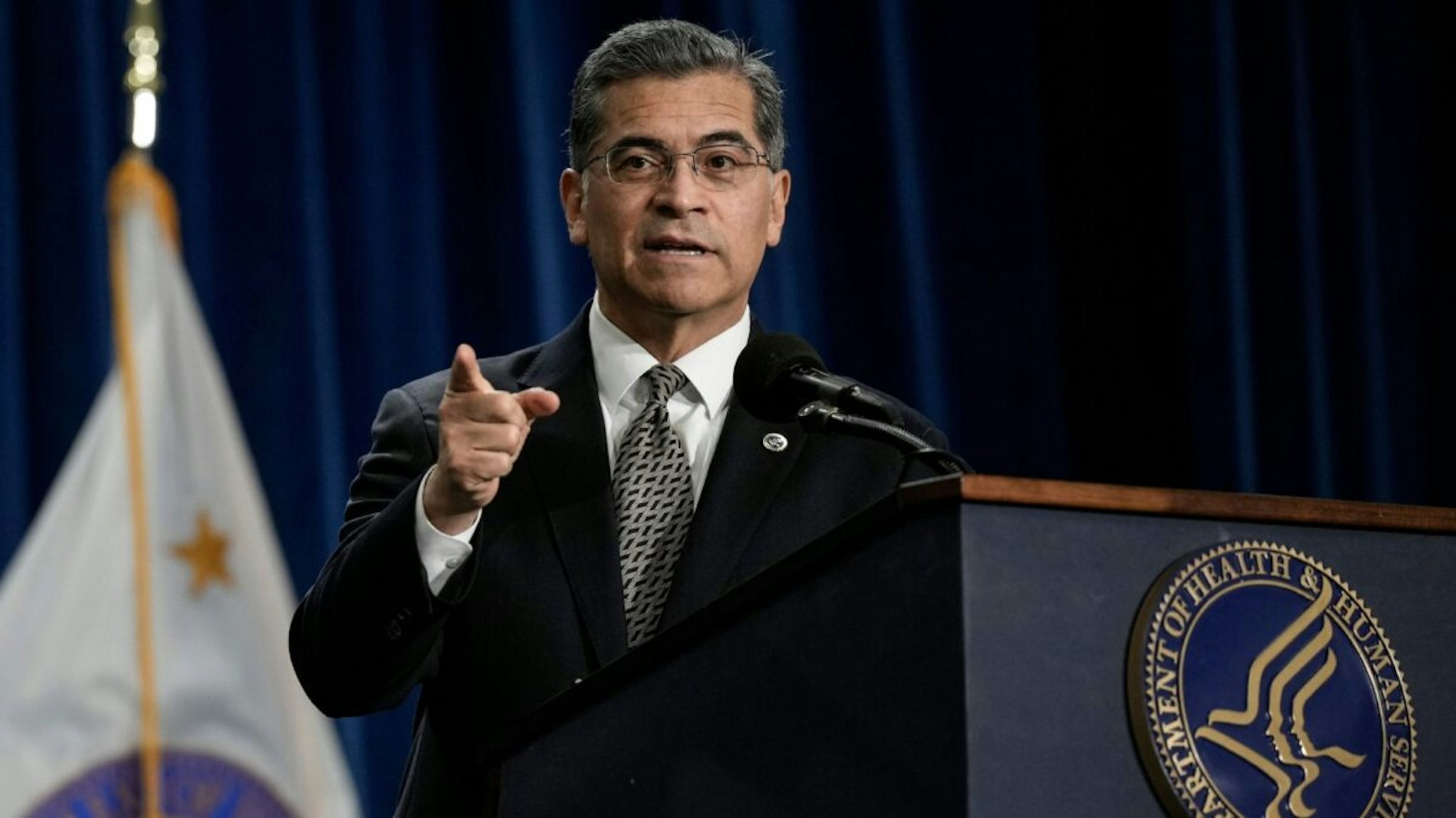 WASHINGTON, DC - MARCH 9: Secretary of the Department of Health and Human Services Xavier Becerra speaks during a news conference at HHS headquarters March 9, 2023 in Washington, DC.