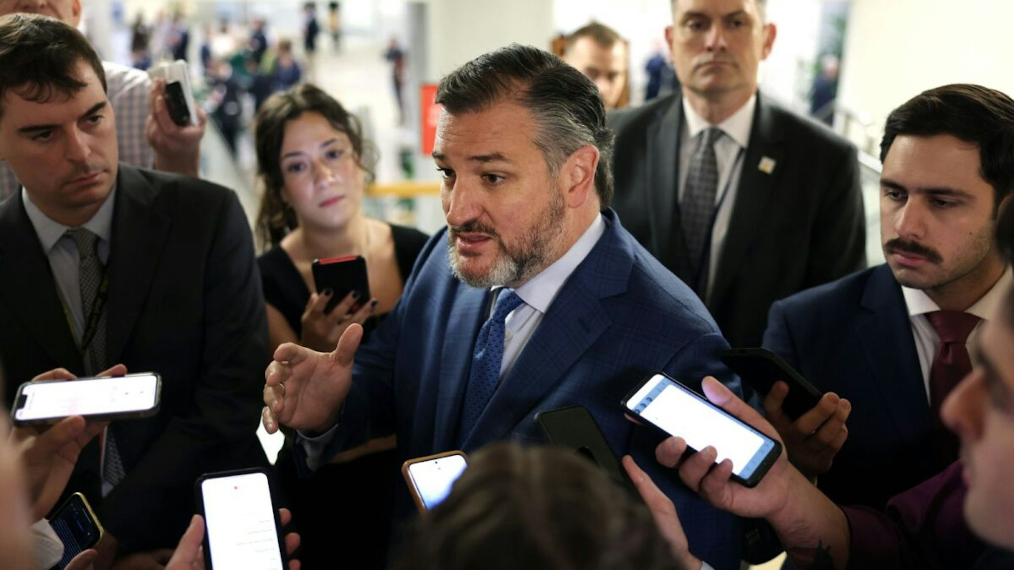 WASHINGTON, DC - DECEMBER 06: U.S. Sen. Ted Cruz (R-TX) speaks to reporters on his way to the Senate weekly policy luncheons, at the U.S. Capitol on December 06, 2022 in Washington, DC.