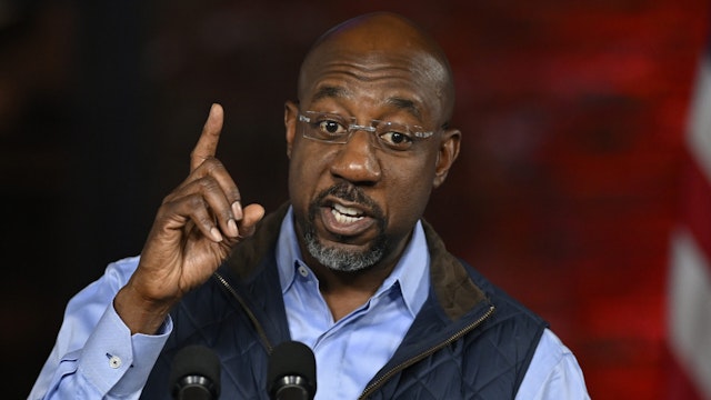 - MARCH 09: US Senator Raphael Warnock speaks at a campaign event before the arrival of US President Joe Biden and First Lady Jill Biden in Atlanta, Georgia, on March 9, 2024.