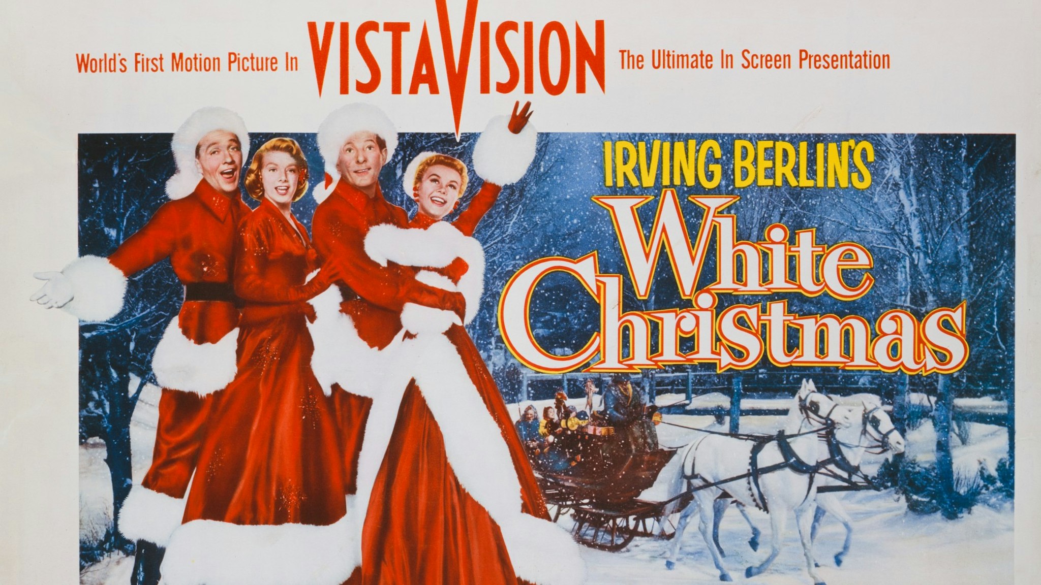 A poster the 1954 musical romantic comedy, 'White Christmas', directed by Michael Curtiz and starring (left to right) Bing Crosby, Rosemary Clooney, Danny Kaye and Vera-Ellen.