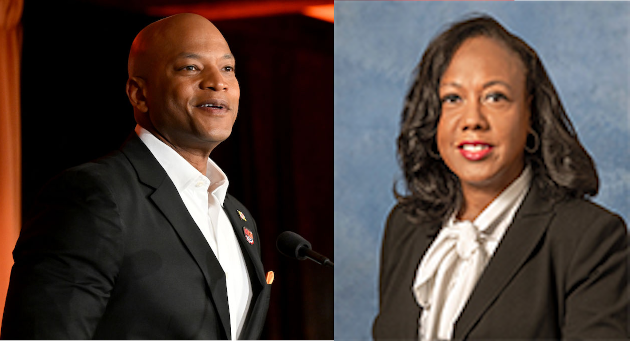 Maryland Gov. Wes Moore (Photo by Greg Fiume/Getty Images) and Karenthia A. Barber (Maryland Port Commission)