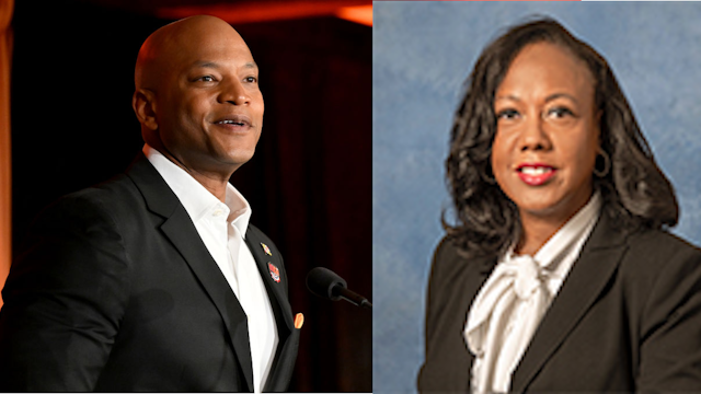 Maryland Gov. Wes Moore (Photo by Greg Fiume/Getty Images) and Karenthia A. Barber (Maryland Port Commission)