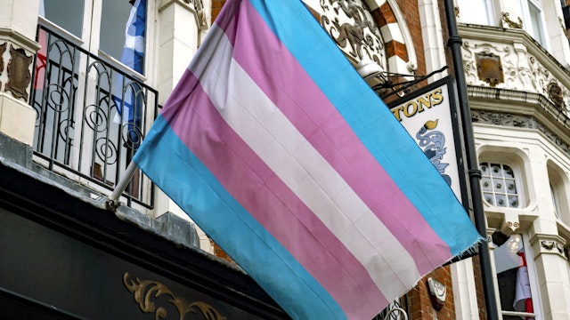 Transgender Pride flag in Soho on 6th March 2024 in London, United Kingdom. The transgender flag is a light blue, pink and white pentacolour pride flag representing the transgender community, organizations, and individuals.