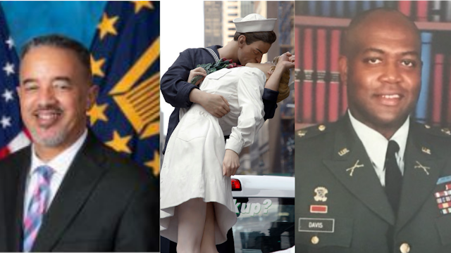 Left: Deputy Assistant Secretary Harvey Johnson, the VA's top DEI official. Right: His chief of staff, Archie Davis (Department of Veterans Affairs). Center: A statue of the iconic V-J kiss photo that was banned by the VA for being non-inclusive (Photo by John Lamparski/Getty Images)