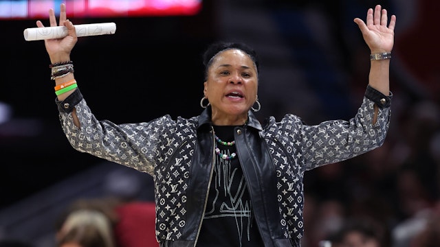 Head coach Dawn Staley of the South Carolina Gamecocks reacts in the second half during the NCAA Women's Basketball Tournament Final Four semifinal game against the NC State Wolfpack at Rocket Mortgage Fieldhouse on April 05, 2024 in Cleveland, Ohio.