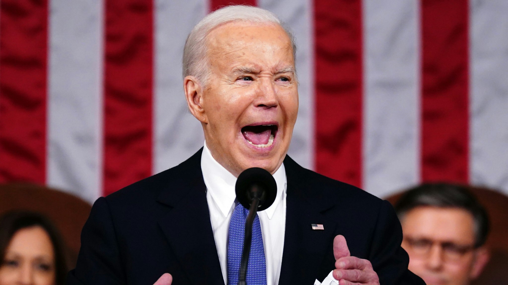 US President Joe Biden, during a State of the Union address at the US Capitol in Washington, DC, US, on Thursday, March 7, 2024. Election-year politics will increase the focus on Biden's remarks and lawmakers' reactions, as he's stumping to the nation just months before voters will decide control of the House, Senate, and White House.