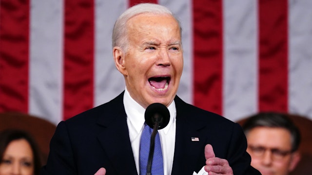 US President Joe Biden, during a State of the Union address at the US Capitol in Washington, DC, US, on Thursday, March 7, 2024. Election-year politics will increase the focus on Biden's remarks and lawmakers' reactions, as he's stumping to the nation just months before voters will decide control of the House, Senate, and White House.