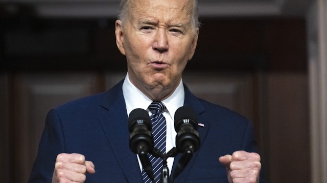 TOPSHOT - US President Joe Biden speaks about lowering healthcare costs in the Indian Treaty Room of the White House in Washington, DC, on April 3, 2024.
