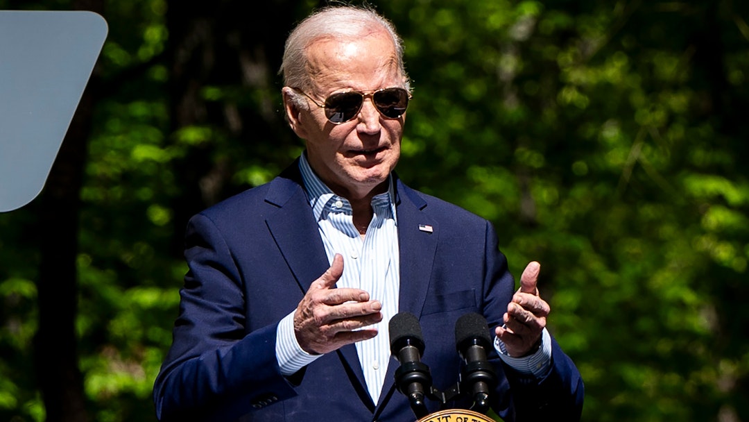 US President Joe Biden speaks at Prince William Forest Park in Triangle, Virginia, US, on Monday, April 22, 2024. The Environmental Protection Agency has announced the selection of 60 recipients of 7 billion in grant awards through the Solar for All grant competition, the agency said on Monday.