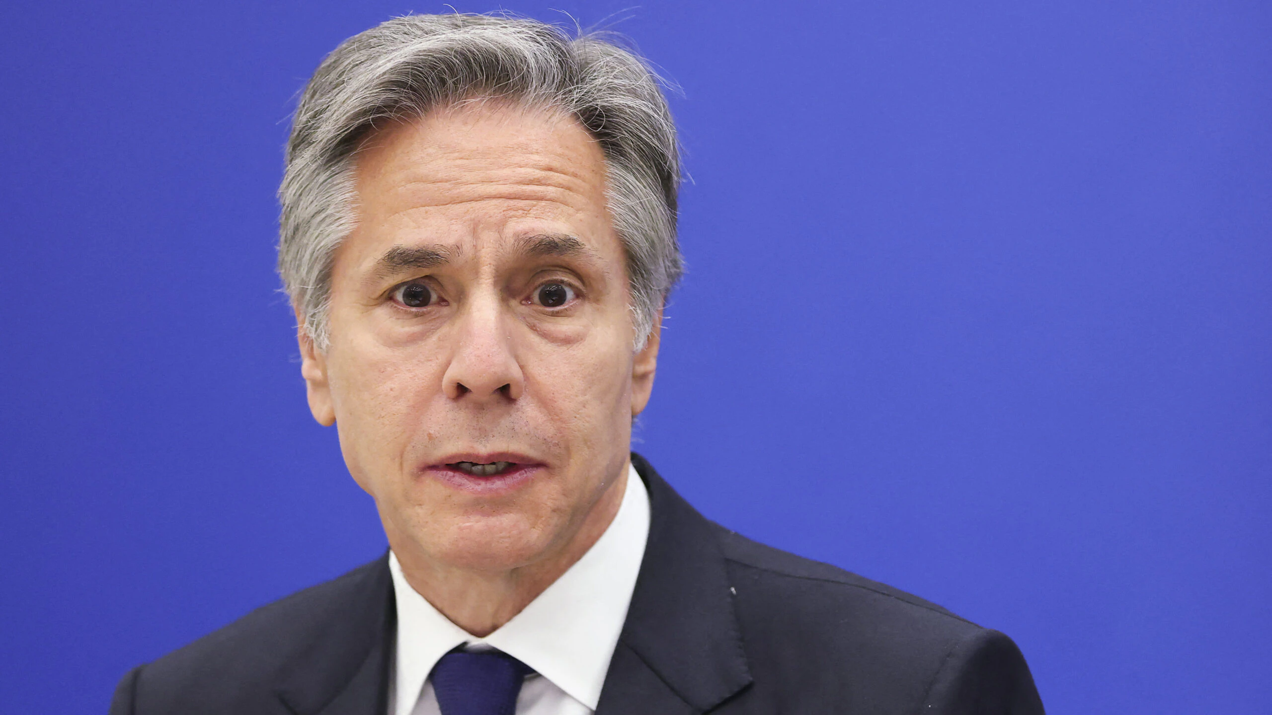 US Secretary of State Antony Blinken looks over as he attends a signing ceremony of The Memorandum of Understanding (MOU) on Countering Foreign Information Manipulation with Finnish Foreign Minister Elina Valtonen (not pictured) at the NATO Headquarters in Brussels on April 4, 2024.