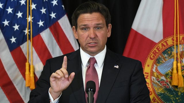 SANFORD, FLORIDA, UNITED STATES - 2024/04/08: Florida Gov. Ron DeSantis speaks at a press conference in Sanford, Florida where he signed legislation to increase penalties on individuals who expose law enforcement officers to fentanyl, and to bring awareness to life-saving measures for someone experiencing an opioid overdose.