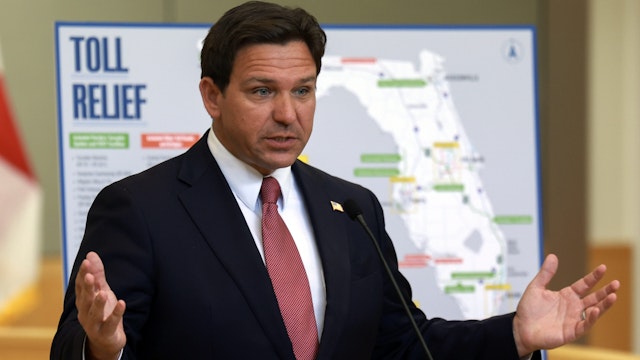 MIAMI, FLORIDA - APRIL 01: Florida Gov. Ron DeSantis speaks about a toll highway relief program during a press conference held at the Greater Miami Expressway Agency on April 01, 2024, in Miami, Florida. The Governor announced a second consecutive year of a Toll Relief Program, which is expected to cut the toll rates of frequent commuters in half by applying a toll credit from April 2024 to March 2025.