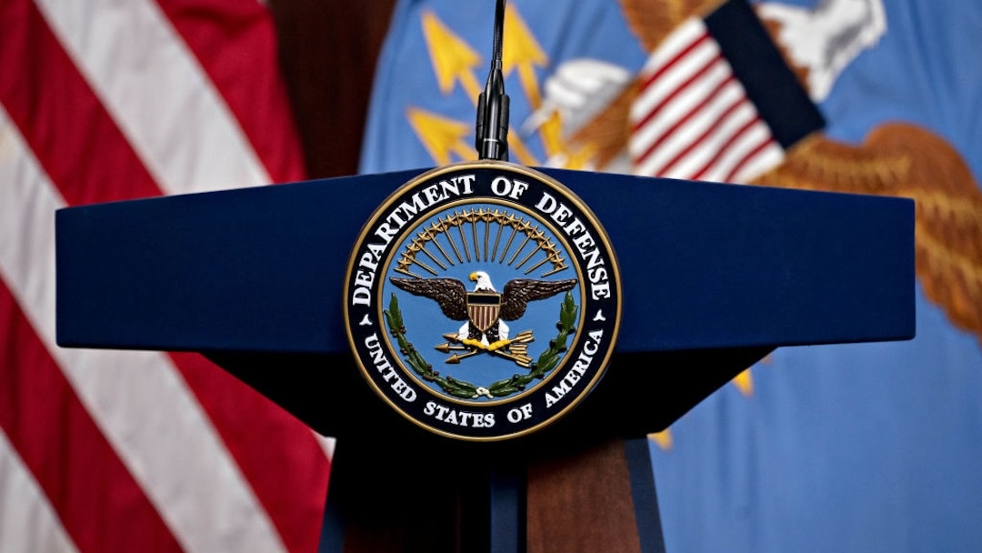The U.S. Department of Defense (DOD) seal in the Pentagon Briefing Room in Arlington, Virginia., U.S., on Wednesday, Sept. 1, 2021. President Biden yesterday declared an end to two decades of U.S. military operations in Afghanistan, offering an impassioned defense of his withdrawal and rejecting criticism that it was mishandled. Photographer: Andrew Harrer/Bloomberg