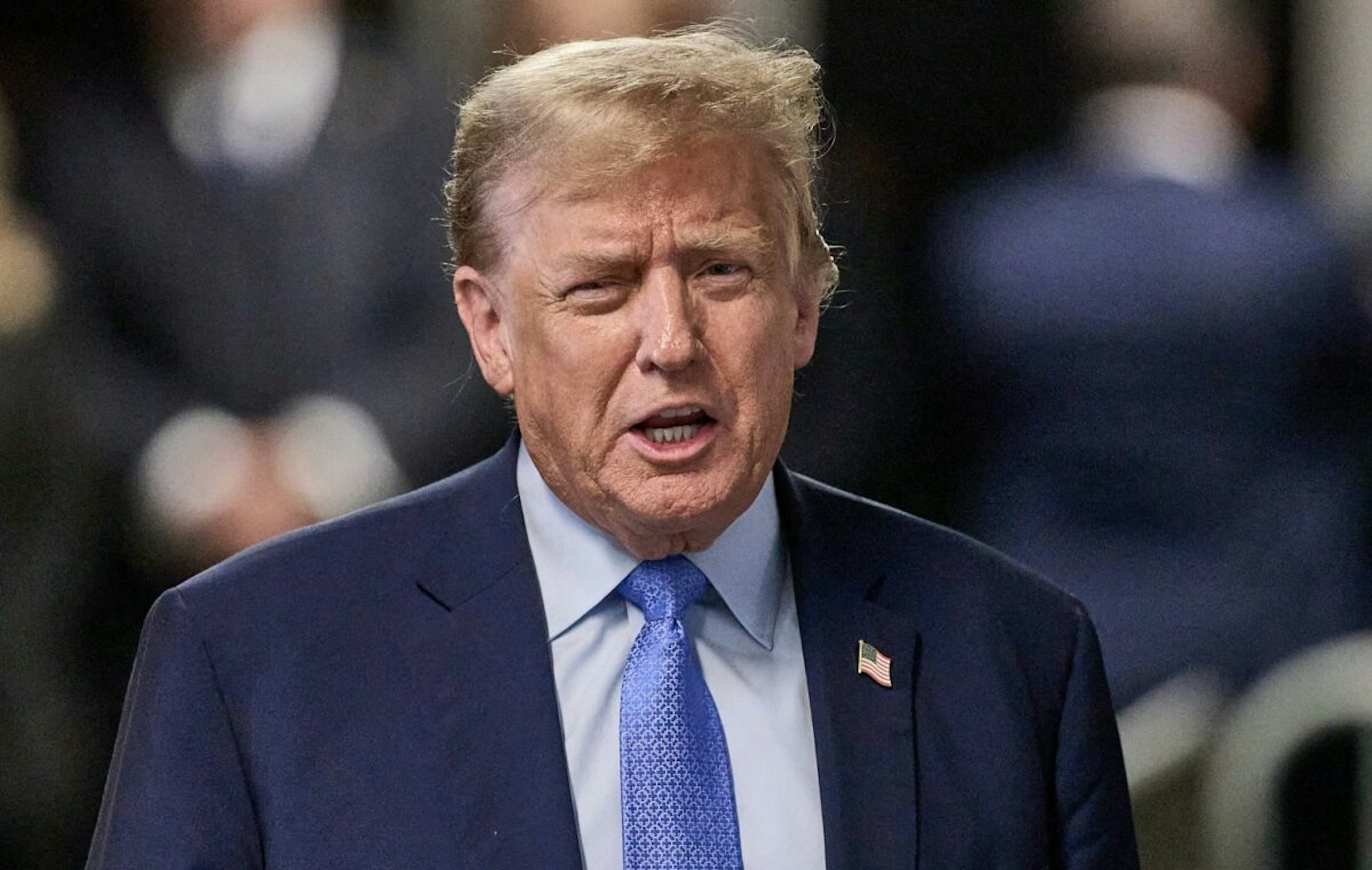 NEW YORK, NEW YORK - APRIL 26: Former U.S. President Donald Trump speaks to the media at the end of the day of his trial for allegedly covering up hush money payments at Manhattan Criminal Court on April 26, 2024 in New York City. Former U.S. President Donald Trump faces 34 felony counts of falsifying business records in the first of his criminal cases to go to trial.