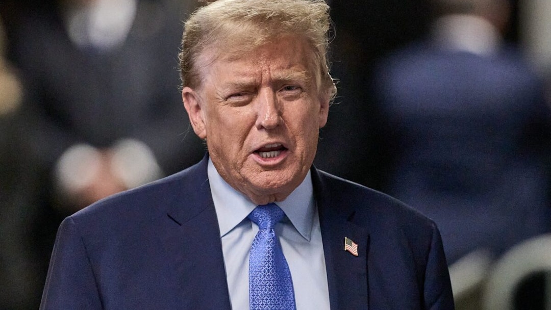 NEW YORK, NEW YORK - APRIL 26: Former U.S. President Donald Trump speaks to the media at the end of the day of his trial for allegedly covering up hush money payments at Manhattan Criminal Court on April 26, 2024 in New York City. Former U.S. President Donald Trump faces 34 felony counts of falsifying business records in the first of his criminal cases to go to trial.