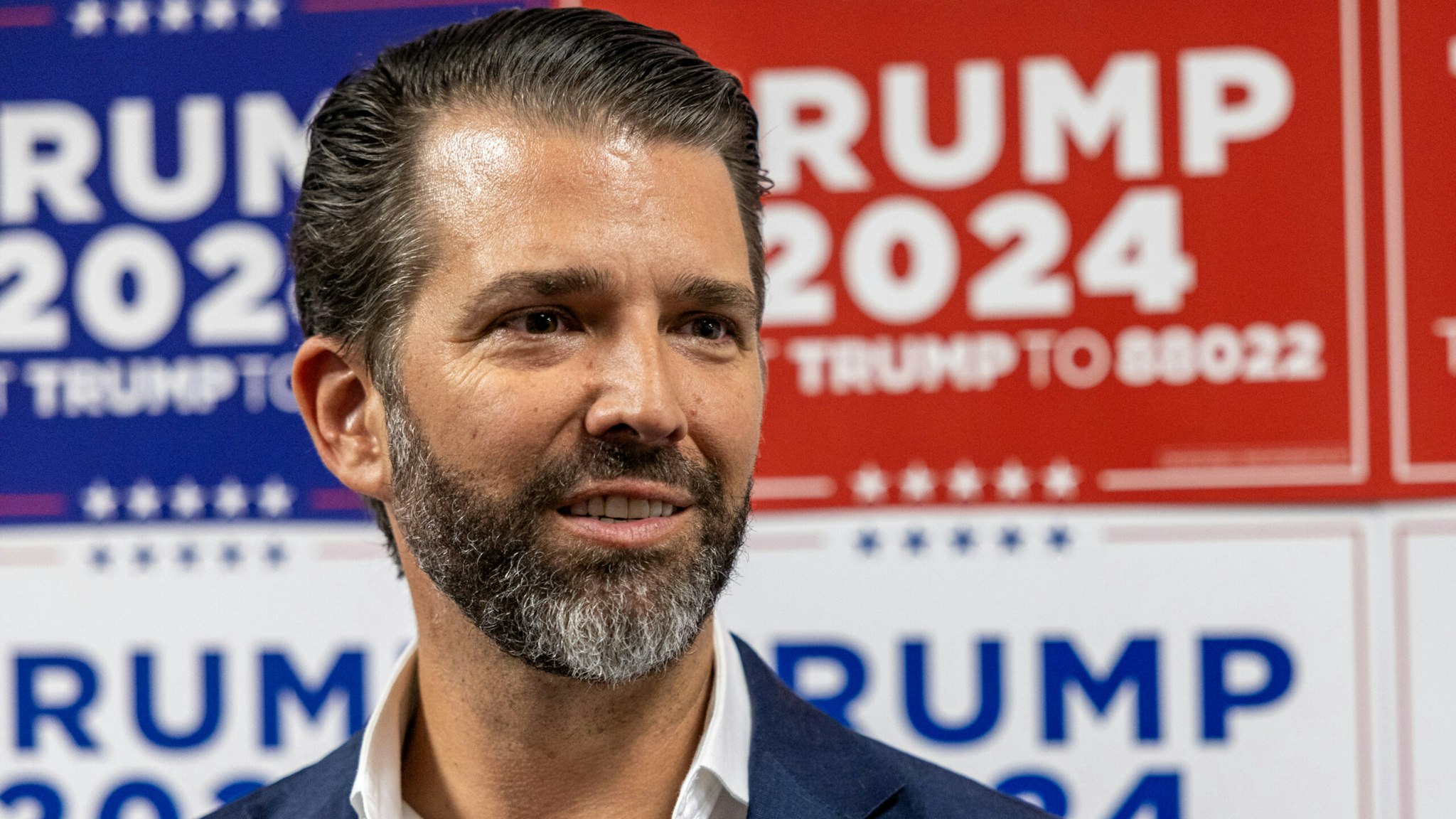 CHARLESTON, SOUTH CAROLINA - FEBRUARY 23: Donald Trump Jr. speaks to media at a rally for his father, Republican Presidential candidate, former U.S. President Donald Trump on February 23, 2024 in Charleston, South Carolina. South Carolina holds its Republican primary on February 24.