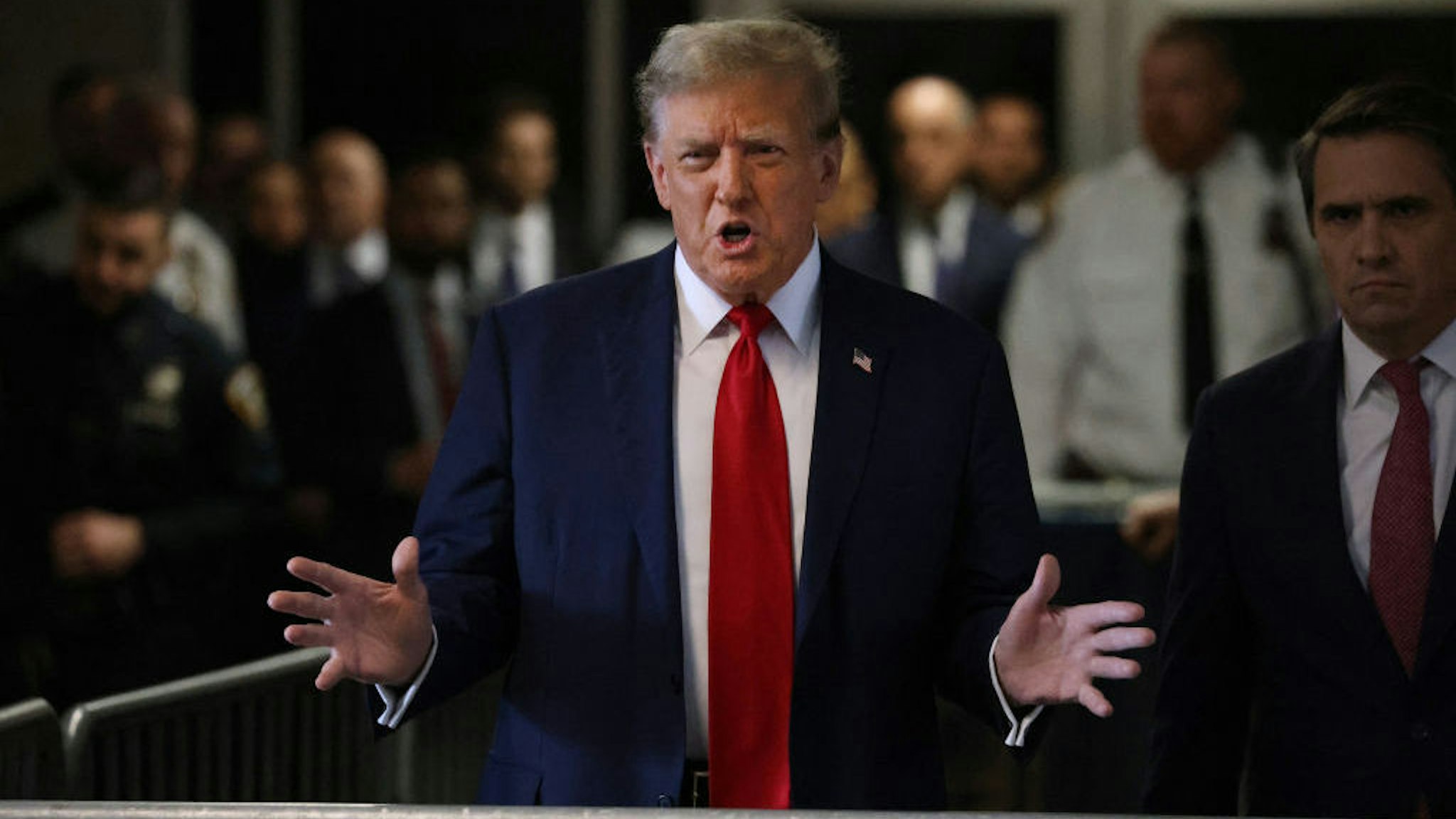Republican presidential candidate Donald Trump appears in State Supreme Court in Manhattan on Monday morning, April 15, 2024, for the first day of his trial on charges of falsifying business records. (Jefferson Siegel for The New York Times)