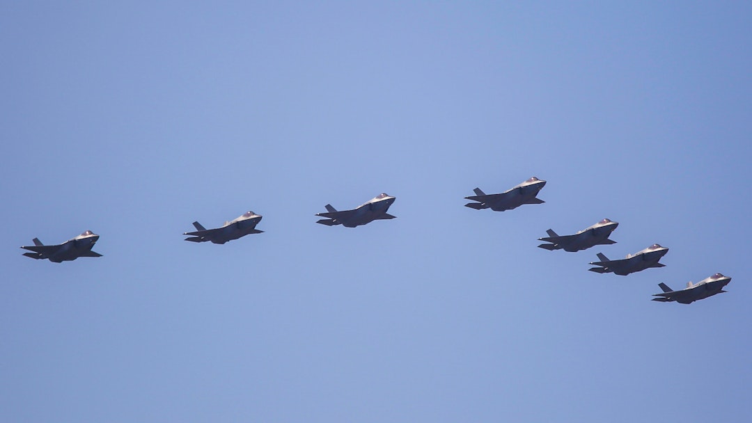Oct 16, 2023-Seongnam, South Korea-ROK Airforce F-35 formation flight on the sky during the Seoul ADEX 2023 (Aerospace &amp; Defense Exhibition} at Seoul Military Airport in Seongnam, South Korea. South Korea will hold an international defense exhibition in October to showcase advanced military hardware and technologies, organizers said Monday, amid Seoul's push to become a major player in the global arms market. The six-day Seoul International Aerospace &amp; Defense Exhibition (ADEX) 2023 will kick off on Oct. 17 at Seoul Air Base in Seongnam, just south of Seoul, involving 550 companies from 35 countries, the organizers said.