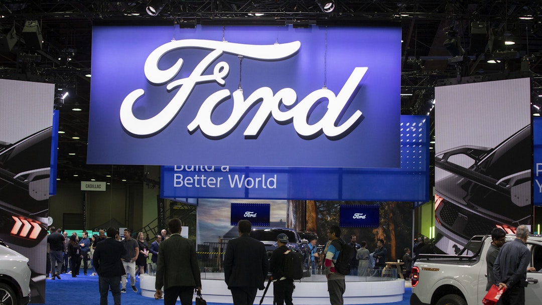 DETROIT, MICHIGAN - SEPTEMBER 13: The entrance to the Ford exhibit is shown at the 2023 North American International Detroit Auto Show on September 13, 2023 in Detroit, Michigan. The show, which features 35 brands and an indoor EV track, opens to the public on September 16 and continues through September 24.