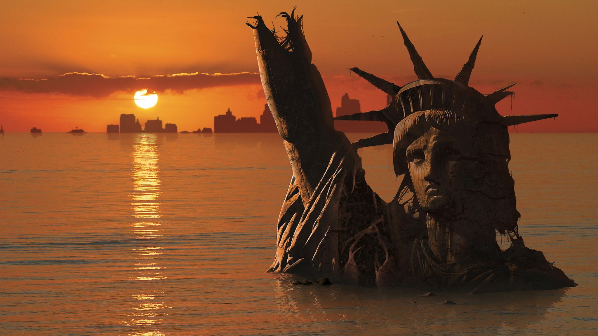 Global warming, conceptual computer illustration. Statue of Liberty, New York, USA, flooded and in ruins, in a possible future. This is showing a rise in sea levels due to global warming. Global warming is the increase of average temperature of the Earth's atmosphere and oceans. The melting of ice and glaciers contribute to the rise in sea levels. MARK GARLICK/SCIENCE PHOTO LIBRARY. Getty Images.