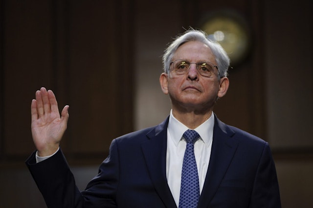 Attorney General nominee Merrick Garland is sworn-in during his confirmation hearing before the Senate Judiciary Committee in the Hart Senate Office Building on February 22, 2021 in Washington, DC.