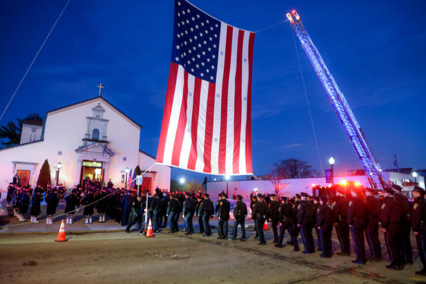 Braintree, MA - February 6: Hundreds of Boston Police officers line up to attend the wake for Boston Police officer John O'Keefe, III at St. Francis of Assisi Church in Braintree, MA on Feb. 6, 2022. (Photo by Matthew J. Lee/The Boston Globe via Getty Images)