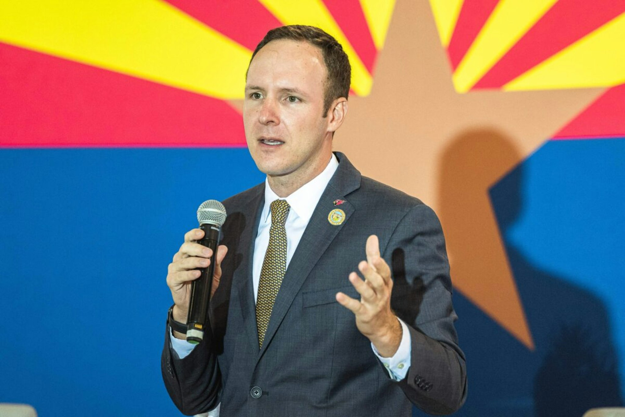 Republican Candidate for Arizona State Representative, Matt Gress, speaks to the audience at the Ask Me Anything Tour by Gubernatorial candidate Kari Lake, in Scottsdale, Arizona, on October 25, 2022.