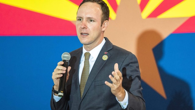 Republican Candidate for Arizona State Representative, Matt Gress, speaks to the audience at the Ask Me Anything Tour by Gubernatorial candidate Kari Lake, in Scottsdale, Arizona, on October 25, 2022.