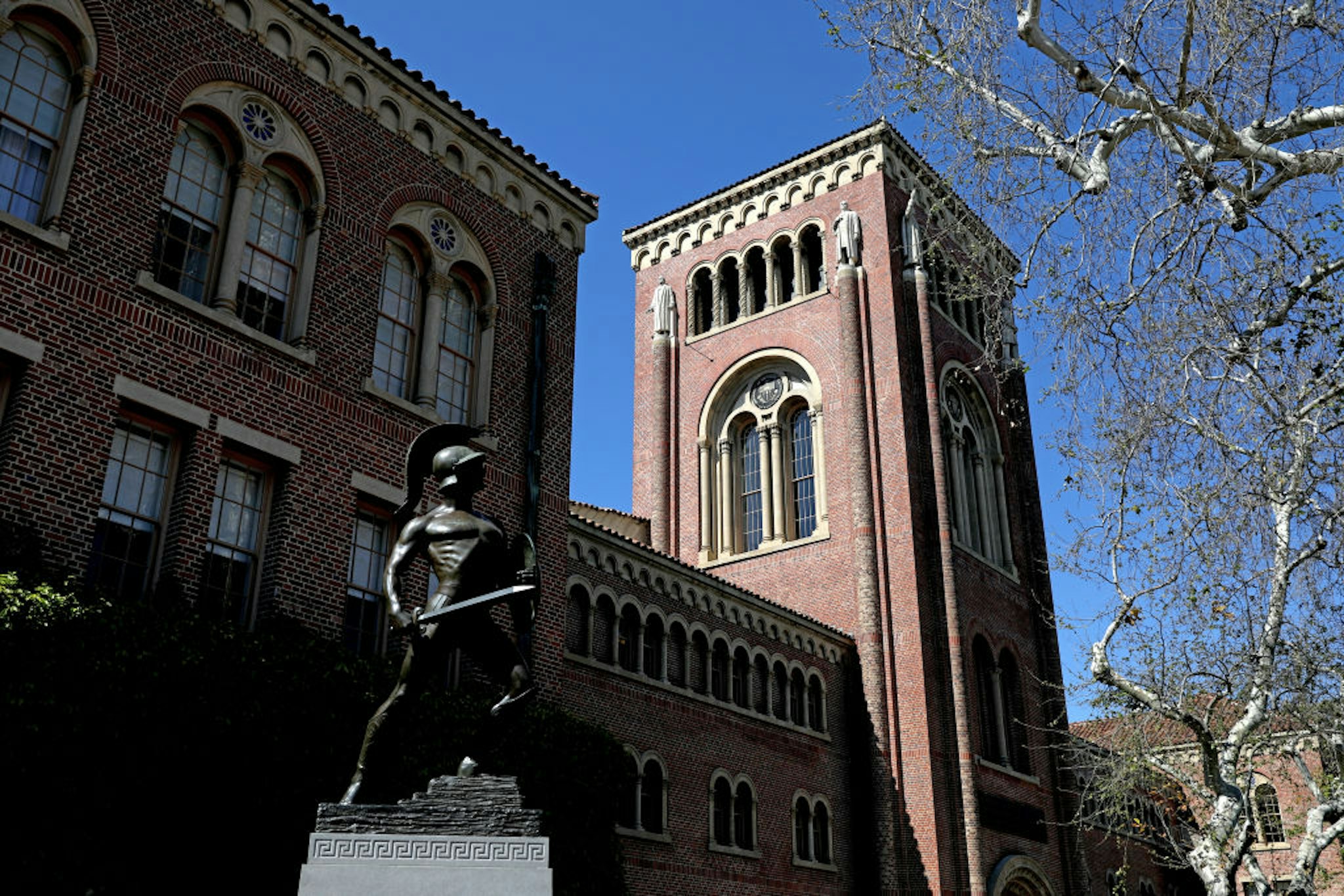 LOS ANGELES, CA - MARCH 28: Bovard Administration Building with Tommy Trojan on the Campus of the University of Southern California on Tuesday, March 28, 2023 in Los Angeles, CA. (Gary Coronado / Los Angeles Times via Getty Images)
