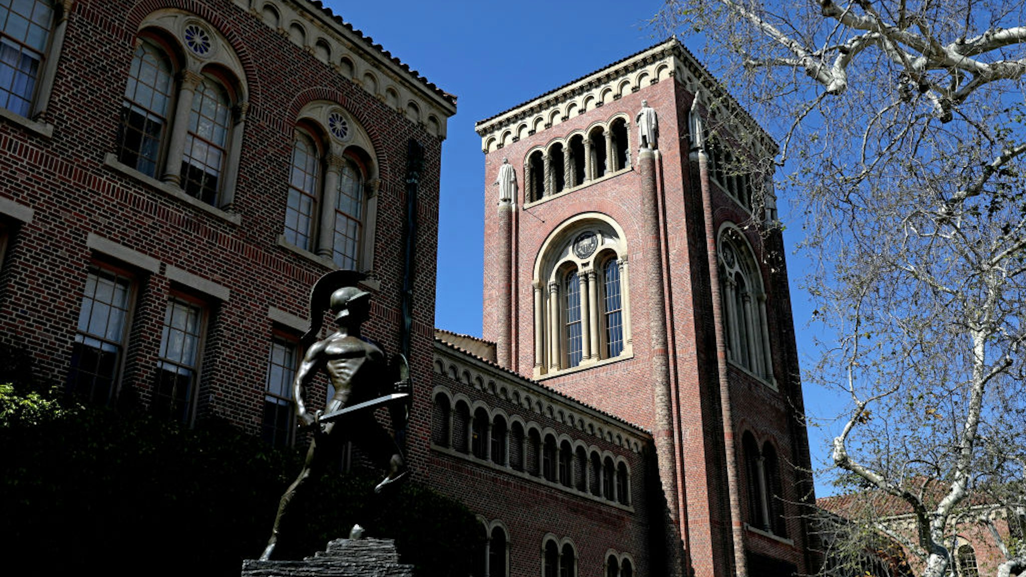 LOS ANGELES, CA - MARCH 28: Bovard Administration Building with Tommy Trojan on the Campus of the University of Southern California on Tuesday, March 28, 2023 in Los Angeles, CA. (Gary Coronado / Los Angeles Times via Getty Images)