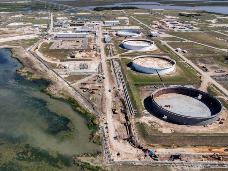 FREEPORT, TEXAS - OCTOBER 19: In an aerial view, the Strategic Petroleum Reserve storage at the Bryan Mound site is seen on October 19, 2022 in Freeport, Texas. US President Joe Biden is planning to release fifteen million barrels of oil from the nation's emergency reserves in an effort to continue curving gas prices around the country. The deal completes Biden's March initiative to release 180 million barrels from the Strategic Petroleum Reserve. (Photo by Brandon Bell/Getty Images)
