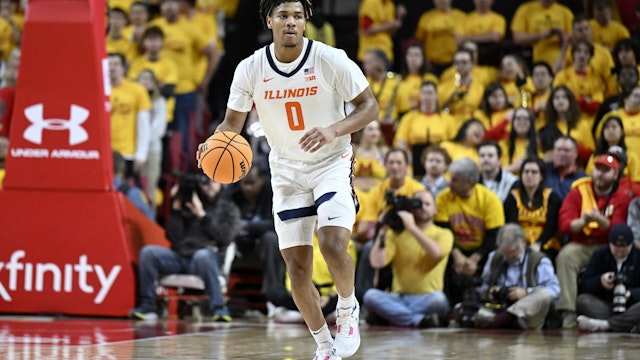 Terrence Shannon Jr. #0 of the Illinois Fighting Illini handles the ball against the Maryland Terrapins at Xfinity Center on December 02, 2022 in College Park, Maryland.