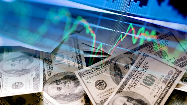 Cash dollar bills and stock market indicators (economy, money, business, finance, crisis, success, devaluation, inflation)
