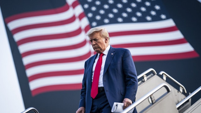 Former President Donald Trump disembarks his airplane, known as "Trump Force One," as he heads to speak an event at Trump National Golf Club Bedminster, in Newark, N.J. on Tuesday, June 13, 2023, following a first court appearance at Wilkie D. Ferguson Jr. U.S. Courthouse, in Miami, FL.