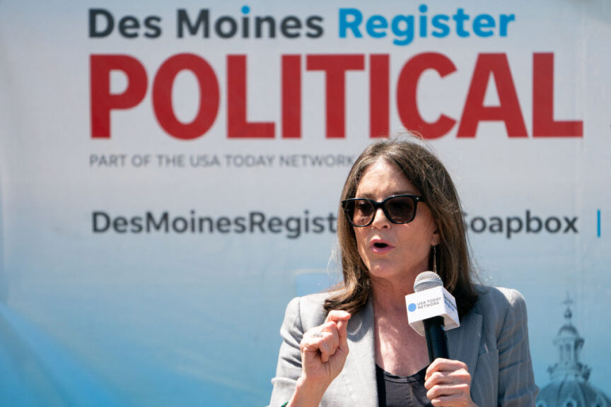 Marianne Williamson, 2024 Presidential hopeful, speaks at the Des Moines Register Political Soapbox at the Iowa State Fair in Des Moines, Iowa, on August 12, 2023. (Photo by Stefani Reynolds / AFP) (Photo by STEFANI REYNOLDS/AFP via Getty Images)