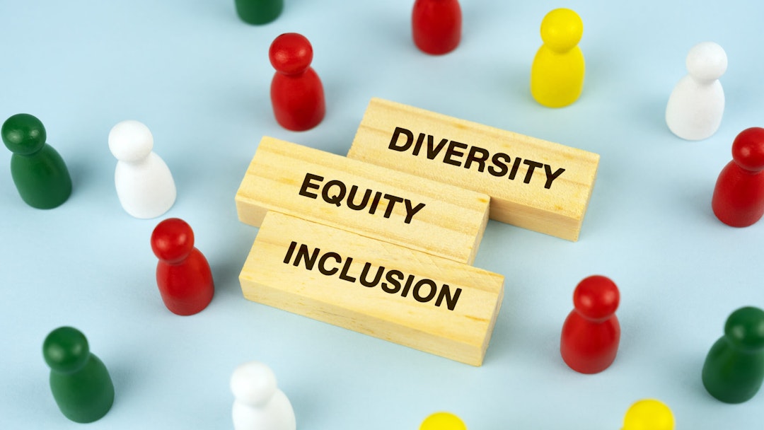 Diversity Equity and Inclusion Text on Wood Block - stock photo