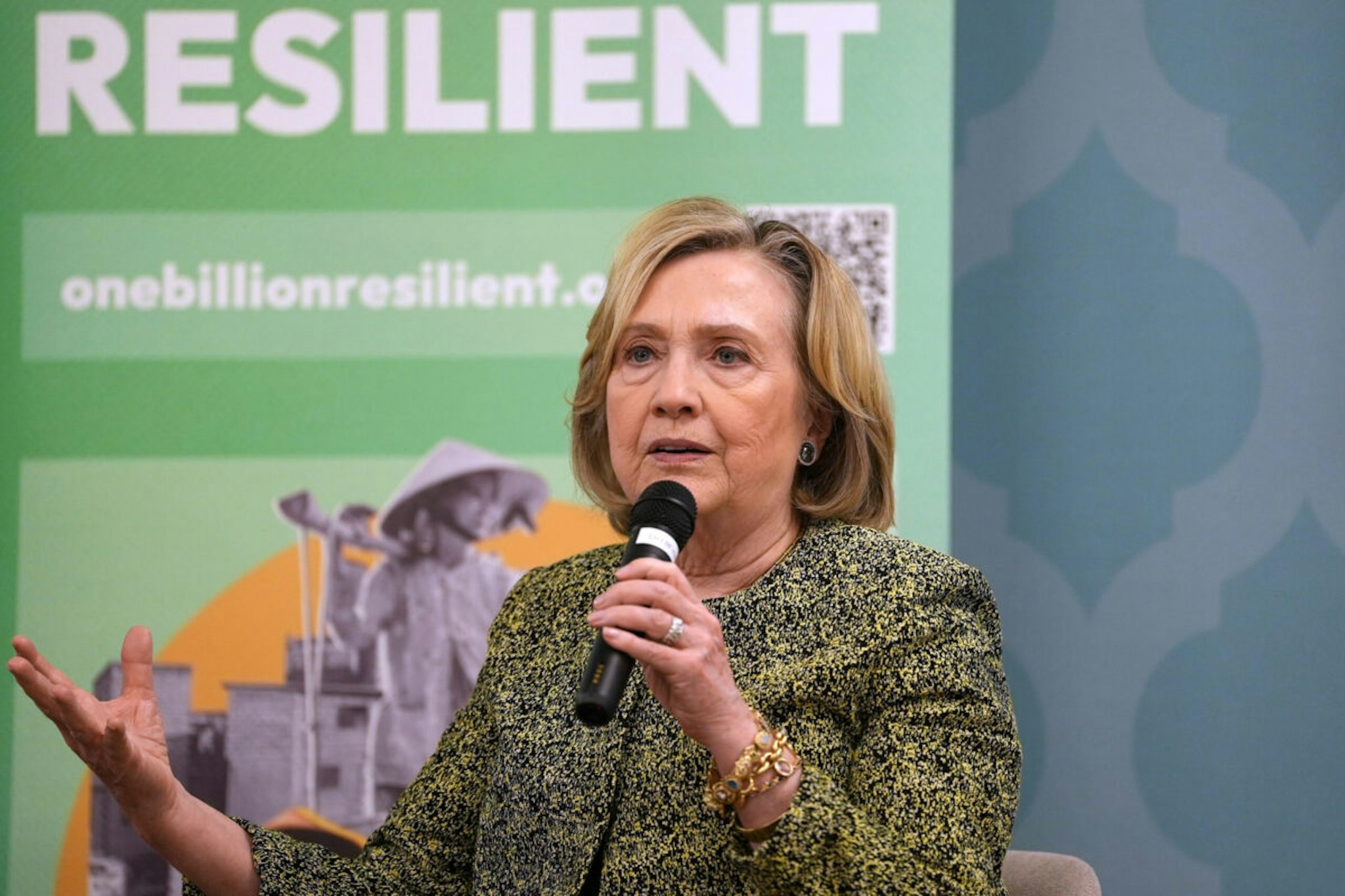 Hillary Clinton takes part in the event: ‘Empowering Communities: Women at the heart of climate resilience’ on day four of the UNFCCC COP28 Climate Conference at Expo City Dubai on December 03, 2023 in Dubai, United Arab Emirates.