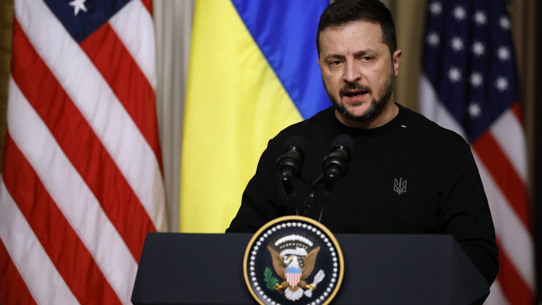 WASHINGTON, DC - DECEMBER 12: Ukrainian President Volodymyr Zelensky speaks during a news conference with and U.S. President Joe Biden in the Indian Treaty Room of the Eisenhower Executive Office Building on December 12, 2023 in Washington, DC. Zelensky is in Washington meeting with Biden and Congressional leaders to make an in-person case continued military aid as Ukraine runs out of money for their war against Russia. The meetings come days after the U.S. Senate failed to advance Biden's proposed national security package that included emergency aid to Ukraine and Israel.