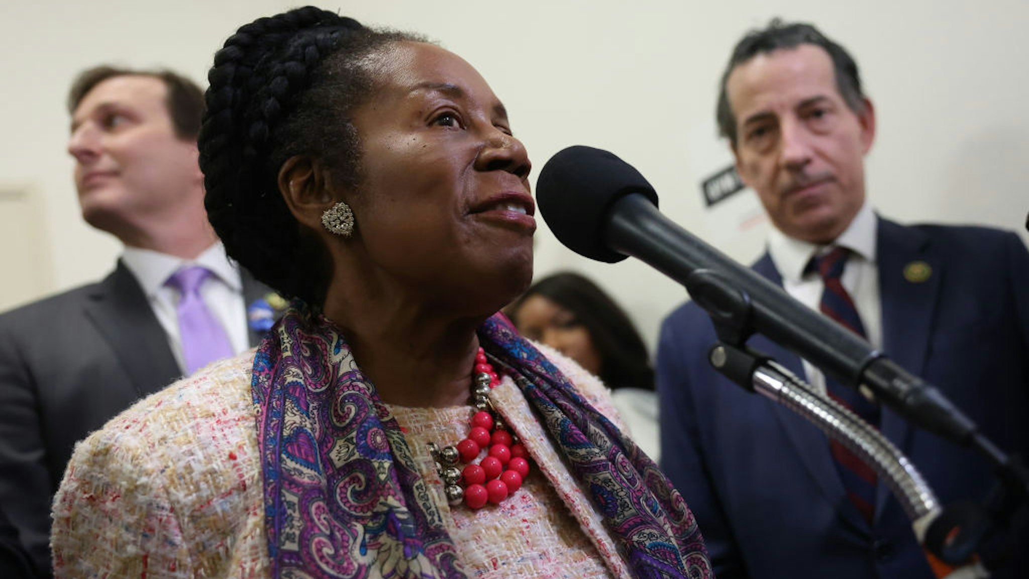 WASHINGTON, DC - DECEMBER 13: U.S. Rep. Sheila Jackson Lee (D-TX) speaks to reporters as she is joined by fellow House Democrats in the Rayburn House Office Building on December 13, 2023 in Washington, DC. U.S. President Joe Biden's son Hunter Biden defied a subpoena from Congress to testify behind closed doors ahead of a House vote on an impeachment inquiry against his father. (Photo by Kevin Dietsch/Getty Images)