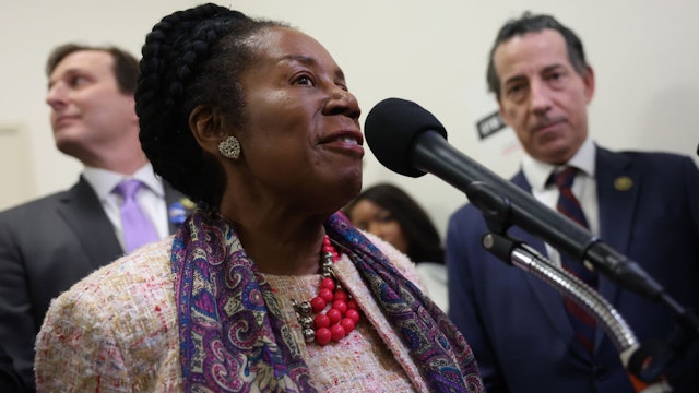 WASHINGTON, DC - DECEMBER 13: U.S. Rep. Sheila Jackson Lee (D-TX) speaks to reporters as she is joined by fellow House Democrats in the Rayburn House Office Building on December 13, 2023 in Washington, DC. U.S. President Joe Biden's son Hunter Biden defied a subpoena from Congress to testify behind closed doors ahead of a House vote on an impeachment inquiry against his father. (Photo by Kevin Dietsch/Getty Images)
