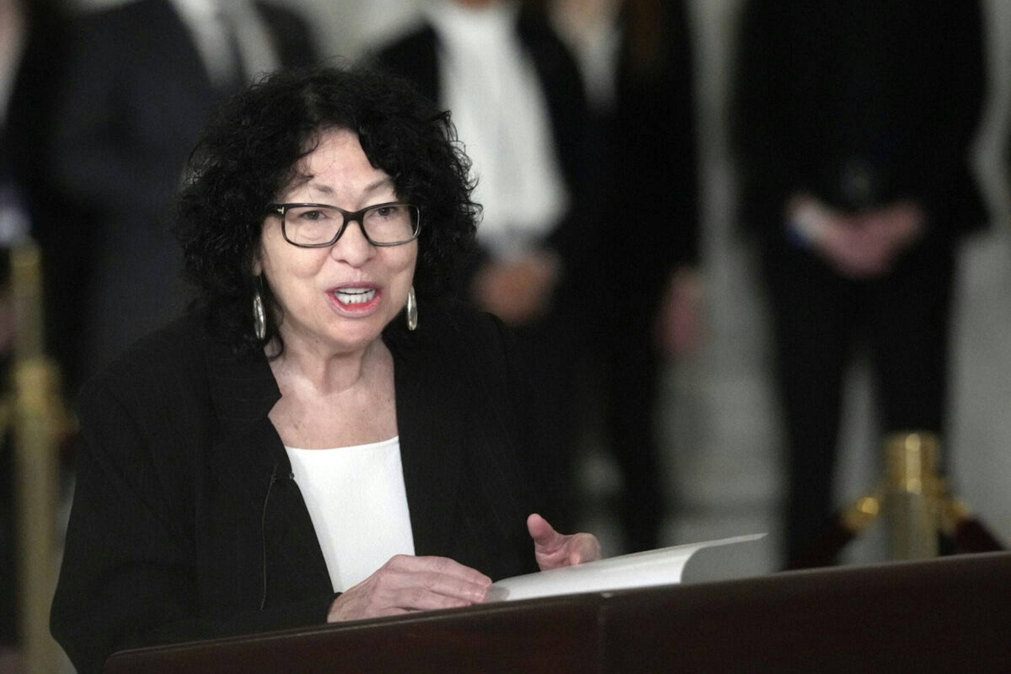 Supreme Court Justice Sonia Sotomayor speaks during a service for retired Supreme Court Justice Sandra Day O'Connor in the Great Hall at the Supreme Court in Washington, DC, on December 18, 2023.