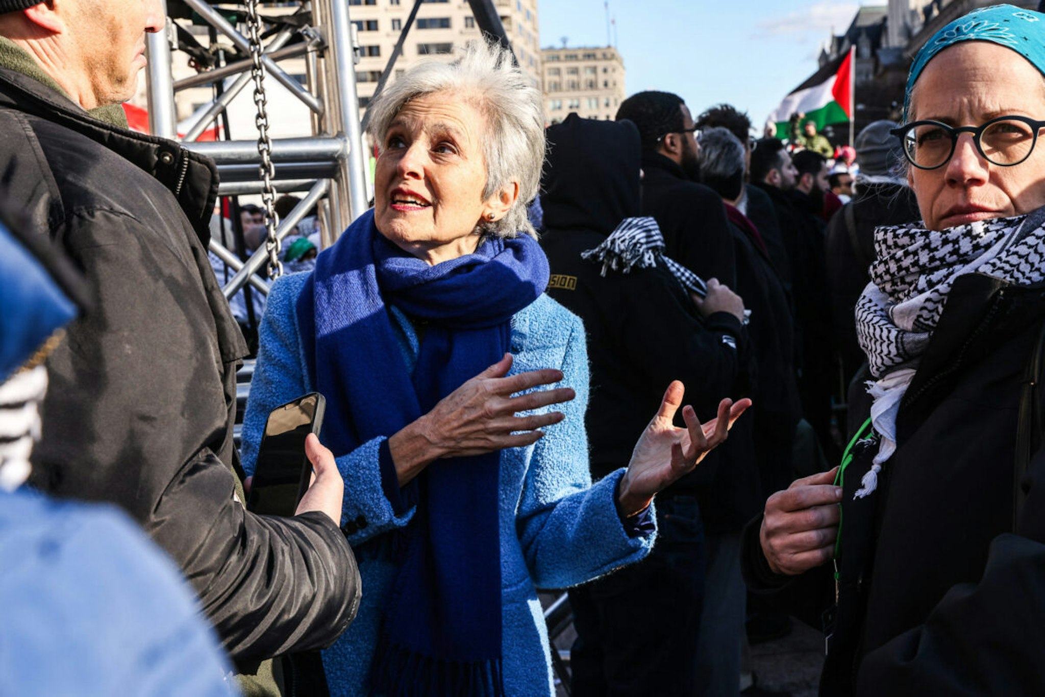 Jill Stein, 2024 Green Party presidential candidate, center, speaks with demonstrators during the March on Washington for Gaza rally in Washington, DC, US, on Saturday, Jan. 13, 2024.
