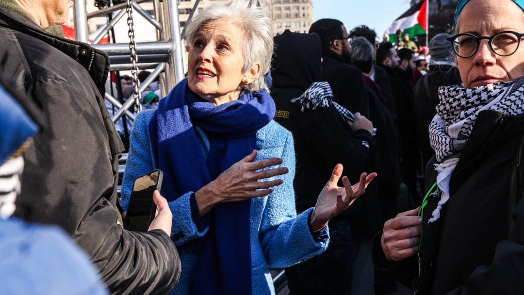 Jill Stein, 2024 Green Party presidential candidate, center, speaks with demonstrators during the March on Washington for Gaza rally in Washington, DC, US, on Saturday, Jan. 13, 2024.