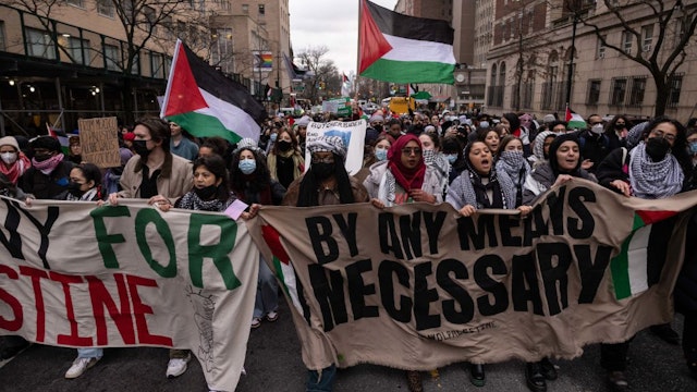 Pro-Palestinian protesters participate in an "All out for Palestine" rally at Columbia University in New York on February 2, 2024. (Photo by Yuki IWAMURA / AFP) (Photo by YUKI IWAMURA/AFP via Getty Images)